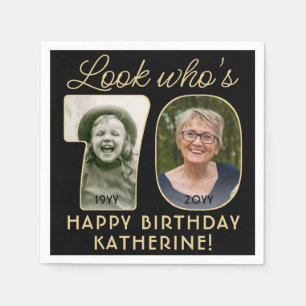 Look Who's 70 Black & Gold Happy Birthday 2 Photo Napkin