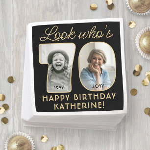 Look Who's 70 Black & Gold Happy Birthday 2 Photo Napkin