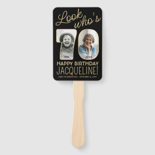 Look Who's 70 Black & Gold Happy Birthday 4 Photo Hand Fan
