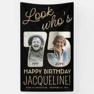 Look Who's 75 Black & Gold 2 Photo Birthday Party Banner