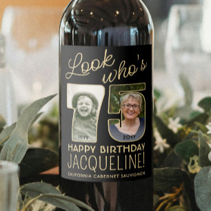 Look Who's 75 Black & Gold 2 Photo Birthday Party Wine Label