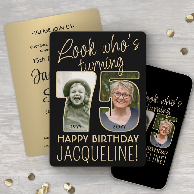 Look Who's 75 Black & Gold Birthday Party 2 Photo Invitation (Creator Uploaded)