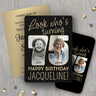 Look Who's 75 Black & Gold Birthday Party 2 Photo Invitation