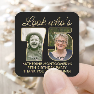 Look Who's 75 Black & Gold Birthday Party 2 Photo Square Sticker