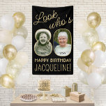 Look Who's 80 Black & Gold 2 Photo Birthday Party Banner<br><div class="desc">Look who's 80! Celebrate a happy 80th birthday for him or her with a custom 2 photo vertical banner. Pictures and wording on this template are simple to personalise. (IMAGE PLACEMENT TIP: An easy way to position a photo exactly how you want is to crop it before uploading to the...</div>