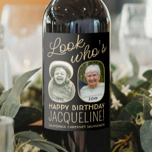 Look Who's 80 Black & Gold 2 Photo Birthday Party Wine Label