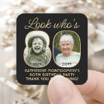 Look Who's 80 Black & Gold Birthday Party 2 Photo Square Sticker<br><div class="desc">Look who's 80! Add a personalised finishing touch to 80th birthday party favours, invitations and thank you notes with custom photo square stickers / envelope seals. Pictures and all wording on this template are simple to customise (IMAGE PLACEMENT TIP: An easy way to position a photo exactly how you want...</div>