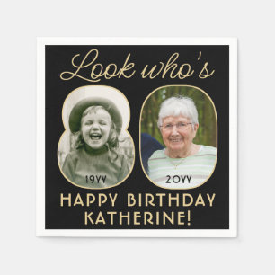 Look Who's 80 Black & Gold Happy Birthday 2 Photo Napkin
