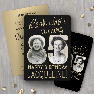 Look Who's 85 Black & Gold Birthday Party 2 Photo Invitation