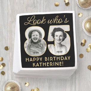 Look Who's 85 Black & Gold Birthday Party 2 Photo Napkin