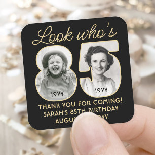 Look Who's 85 Black & Gold Birthday Party 2 Photo Square Sticker