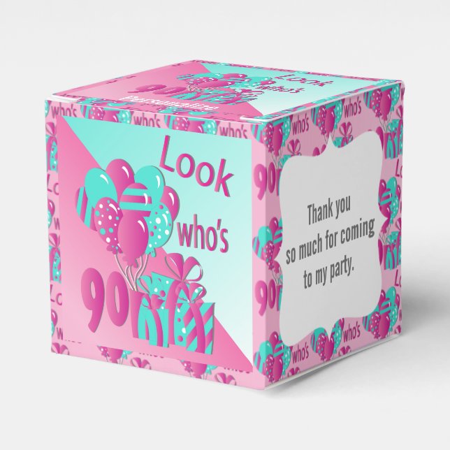Look Who's 90 | 90th Birthday - Pink and Turquoise Favour Box (Front Side)