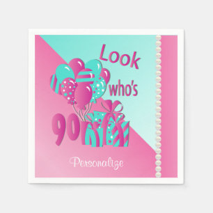 Look Who's 90 90th Birthday - Pink and Turquoise Napkin