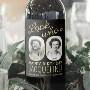 Look Who's 90 Black & Gold 2 Photo Birthday Party Wine Label