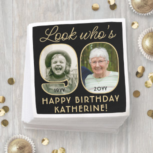 Look Who's 90 Black & Gold Happy Birthday 2 Photo Napkin