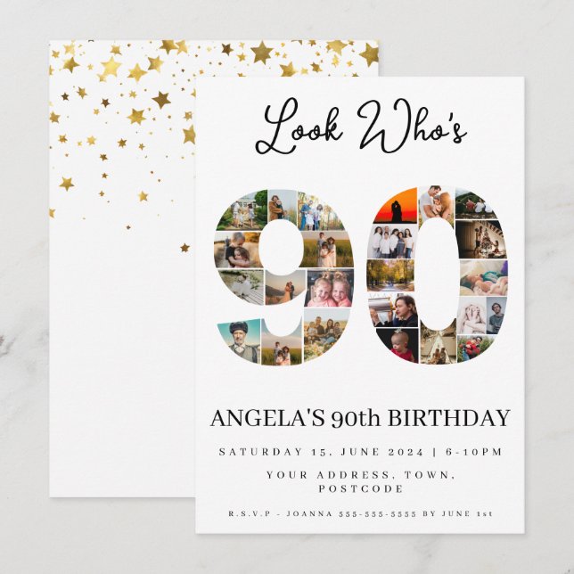look who's 90 happy birthday Photo Collage  Invitation (Front/Back)