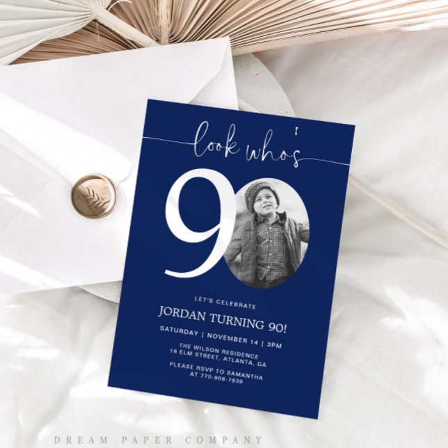 Look Who's 90 | Navy 90th Birthday Invite (Creator Uploaded)