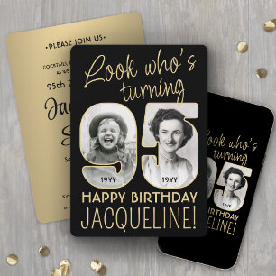 Look Who's 95 Black & Gold Birthday Party 2 Photo Invitation