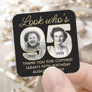 Look Who's 95 Black & Gold Birthday Party 2 Photo Square Sticker