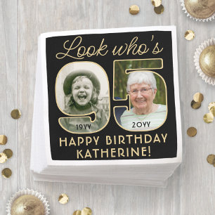 Look Who's 95 Black & Gold Happy Birthday 2 Photo Napkin