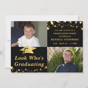 LOOK WHO'S GRADUATING Black Gold Stars Photo Invitation