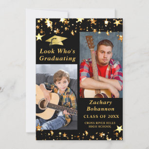 LOOK WHO'S GRADUATING Black Gold Stars Photo Invitation