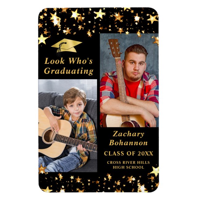 LOOK WHO'S GRADUATING Black Gold Stars Photo Magnet (Vertical)