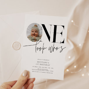 Look Who's One Modern Simple Photo 1st Birthday Invitation