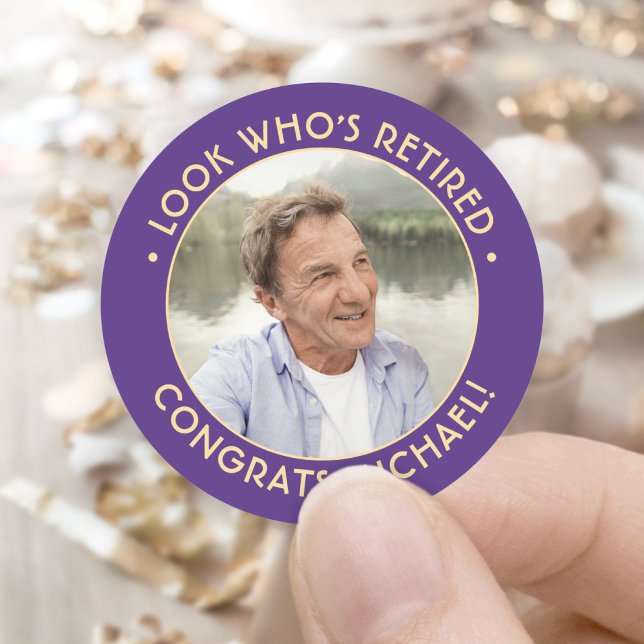 Look Who's Retired Purple Retirement Party Photo Classic Round Sticker (Creator Uploaded)