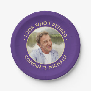 Look Who's Retired Purple Retirement Party Photo Paper Plate