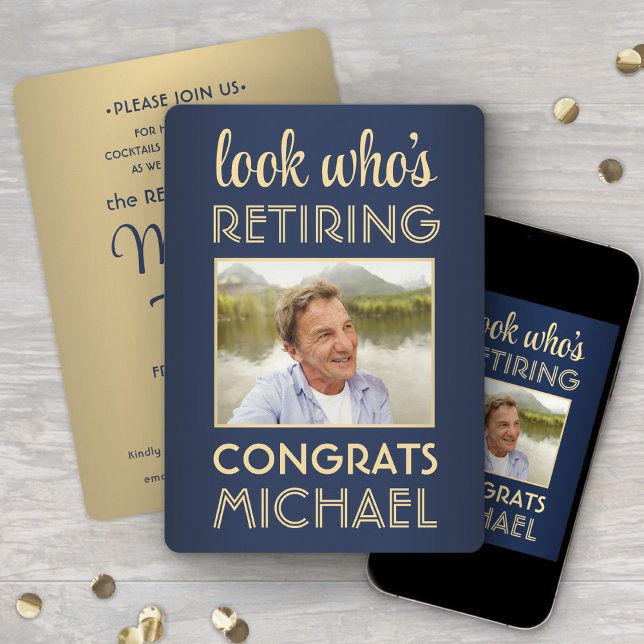 Look Who's Retiring Blue Retirement Party Photo Invitation (Creator Uploaded)