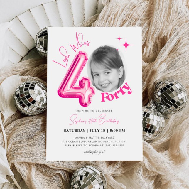 Look Whos Women 40th Birthday Pink Ballon Photo  Invitation (Creator Uploaded)