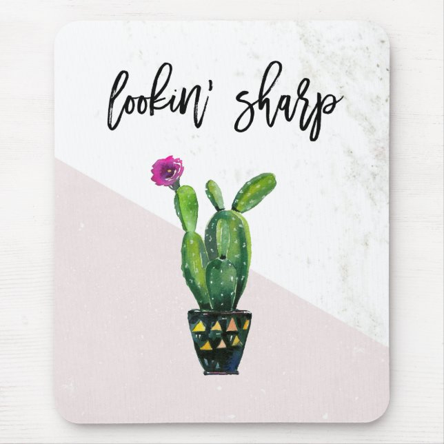 Lookin' Sharp | Blush Pink Marble and Cactus Mouse Pad (Front)
