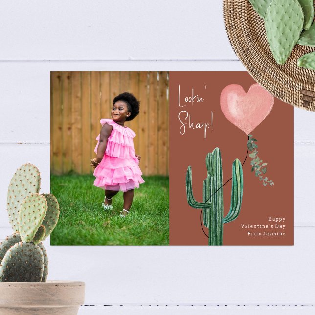 Lookin' Sharp Cactus Pun Photo Valentine Pink Card (Creator Uploaded)