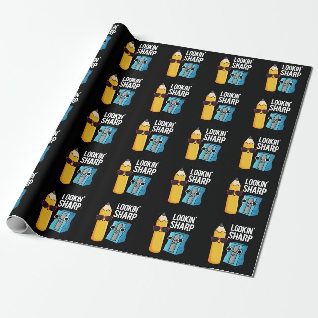 Lookin Sharp Funny Pencil Pun Dark BG Wrapping Paper (Unrolled)