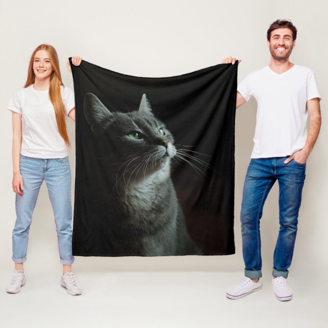 Looking Cat Stylish Black Background Custom image Fleece Blanket (In Situ)