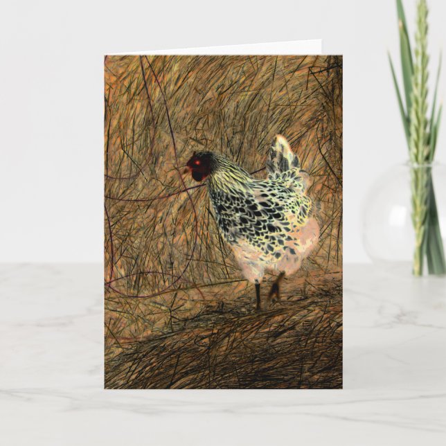 "Looking" - Digitally Transformed Chicken on Hay   Card (Front)