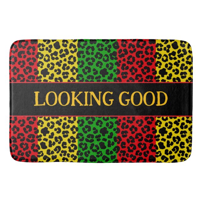 Looking Good Quote Rasta Leopard Print Bath Mat (Front)