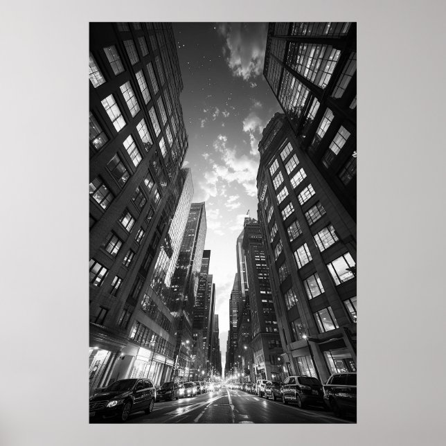 Looking skyward in a skyscraper canyon B&W photo Poster (Front)
