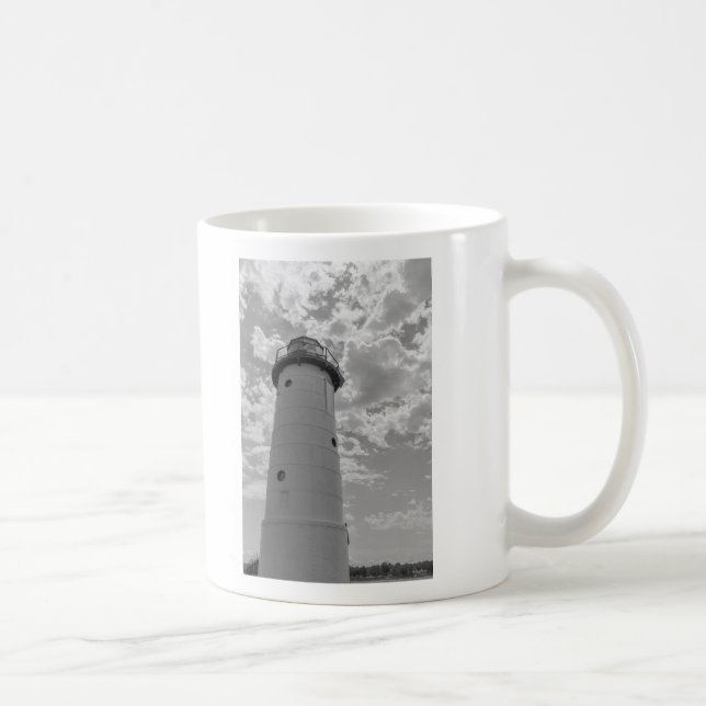Looking Up Manistee Lighthouse Grayscale Coffee Mug (Right)