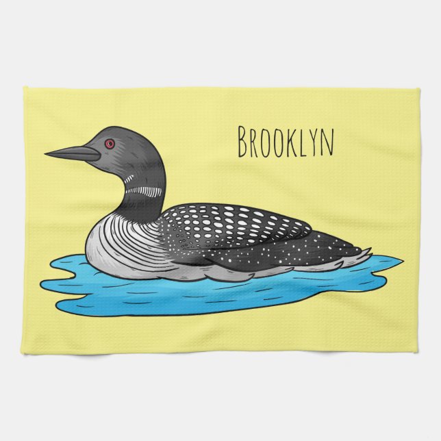 Loon bird cartoon illustration tea towel (Horizontal)