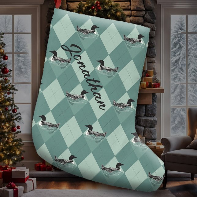 Loon Birds Soft Teal Argyle Pattern Lake Cabin Large Christmas Stocking (Loon bird Christmas stocking, lake cabin wildlife swim in soft teal green argyle preppy golf pattern)