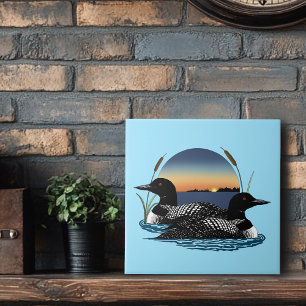 Loon Couple Sunset Blue Ceramic Tile