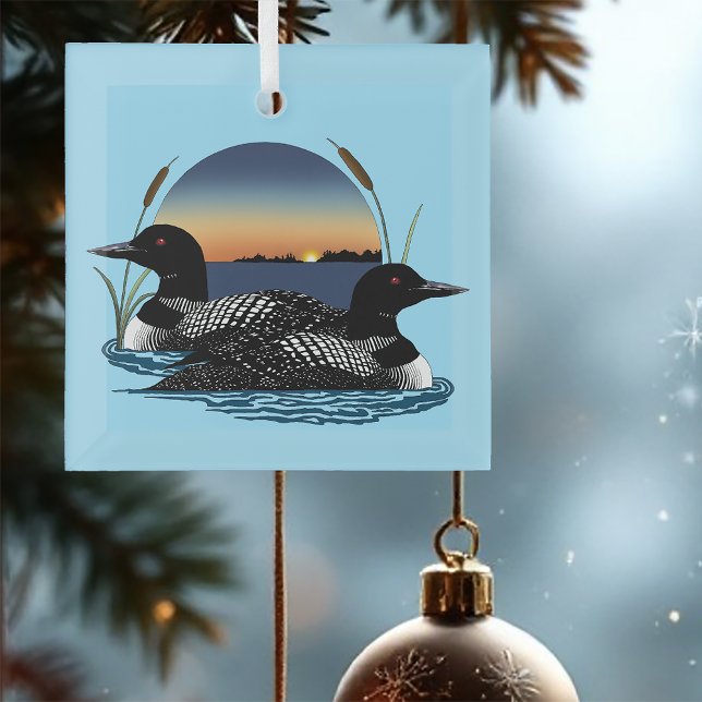 Loon Couple Sunset Blue Glass Tree Decoration (Creator Uploaded)