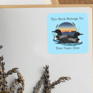 Loon Couple Sunset Blue Lake Wildlife Bookplate Square Sticker