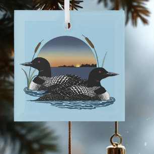 Loon Couple Sunset Blue Lake Wildlife Glass Tree Decoration