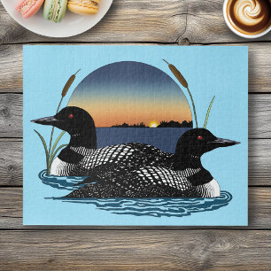 Loon Couple Sunset Blue Lake Wildlife Jigsaw Puzzle