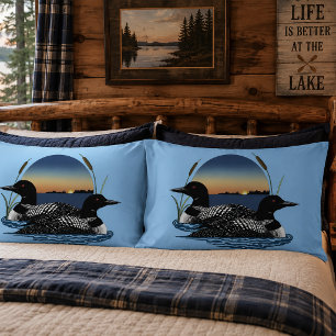 Loon Couple Sunset Blue Lake Wildlife Pillowcase