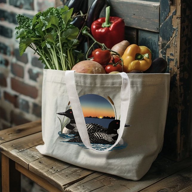 Loon Couple Sunset Blue Large Tote Bag (Creator Uploaded)