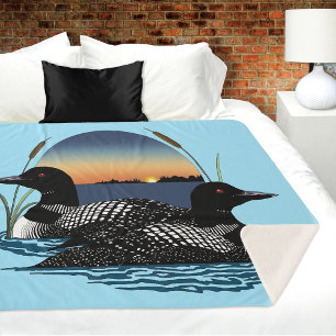 Loon Couple Sunset Blue Sherpa Blanket